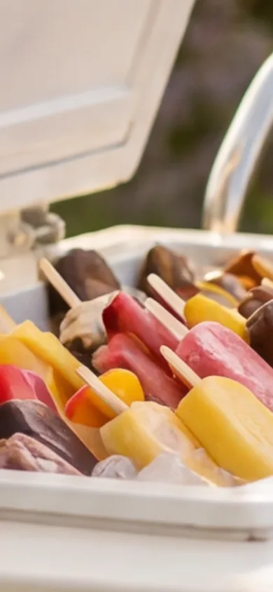 Top-down view of colourful premium paletas in a white cart