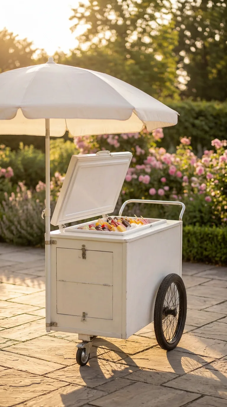 Clean white ice cream cart in a sunny garden