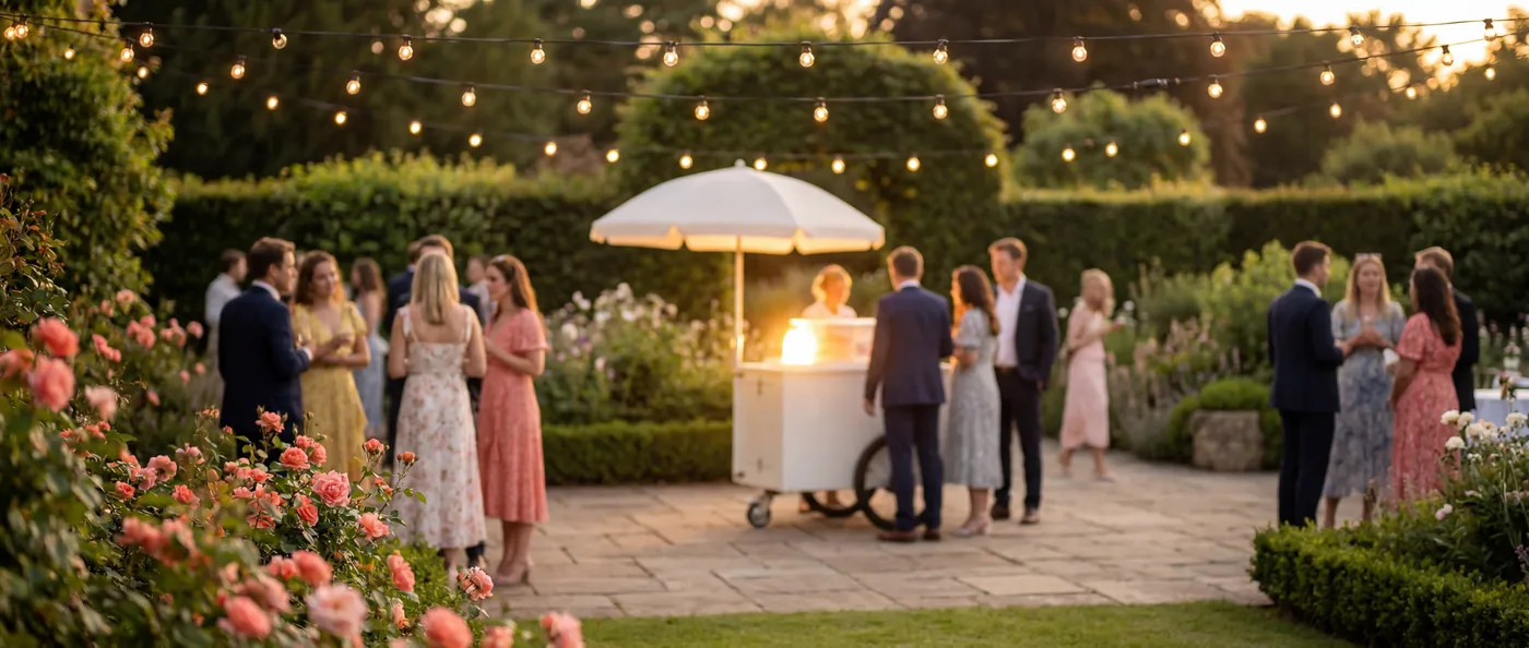 Guests gathered around an ice cream cart at a garden party during golden hour