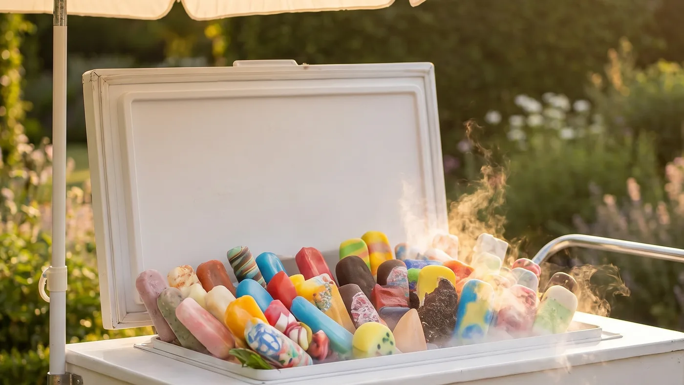 Colourful paletas overflowing from a white ice cream cart in a sunny garden