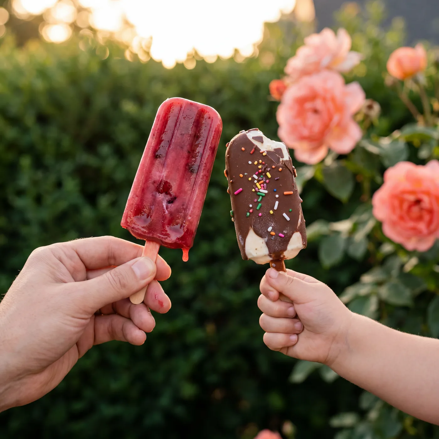 Two hands holding a berry and chocolate popsicle amid roses